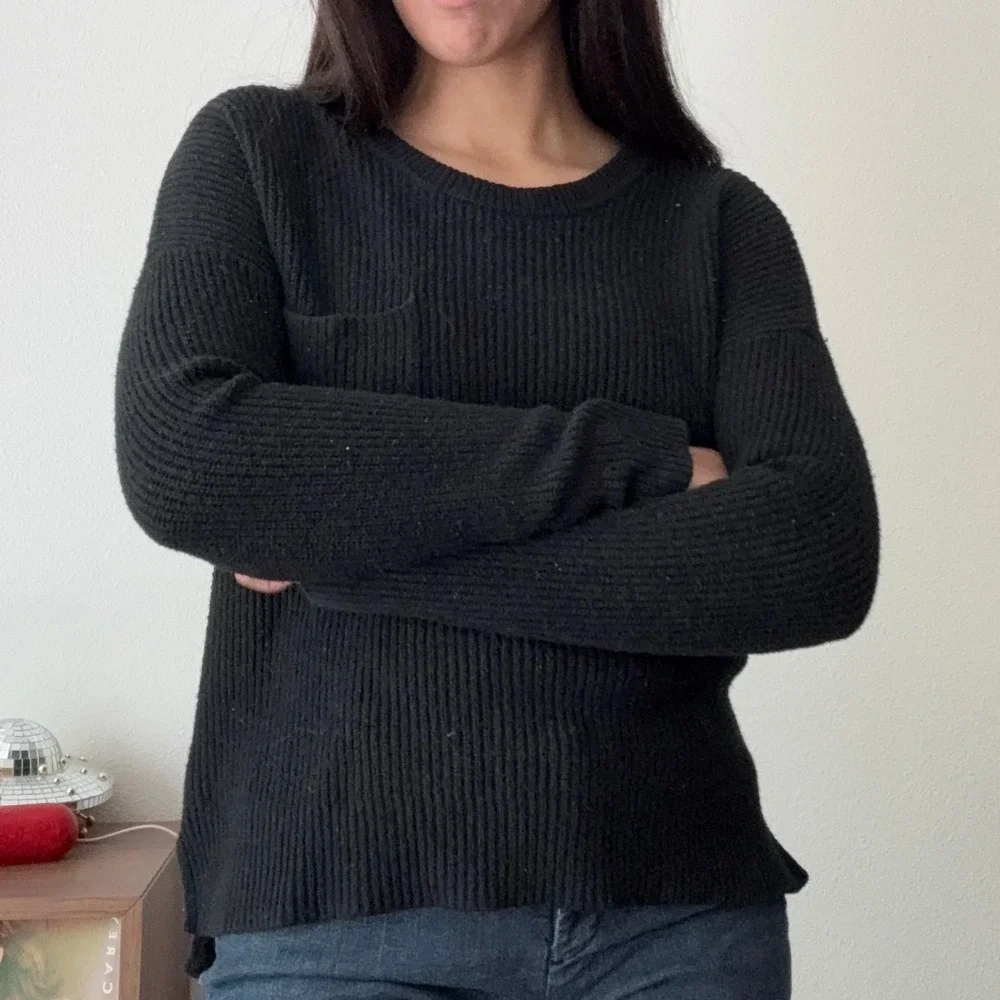 Madewell Womens Ribbed Pocket Sweater Black Crew Neck Cotton Blend Size S - Picture 2 of 8